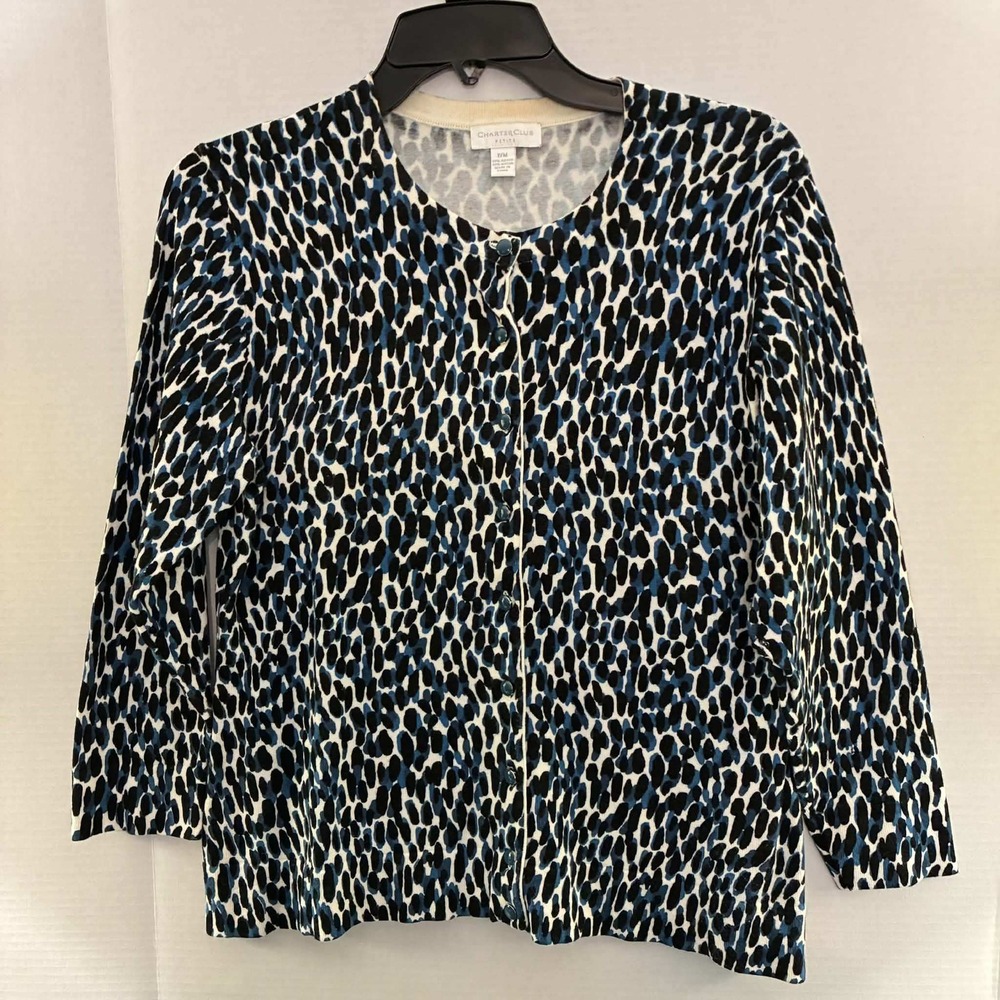 Charter Club Cardigan Womens PM Blue Black Animal Print Rayon Petite Sweater